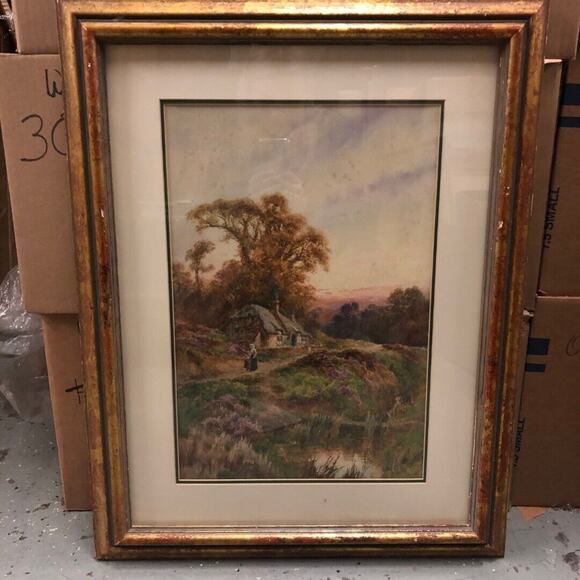 Watercolor Landscape Depicting Field House and two Figures